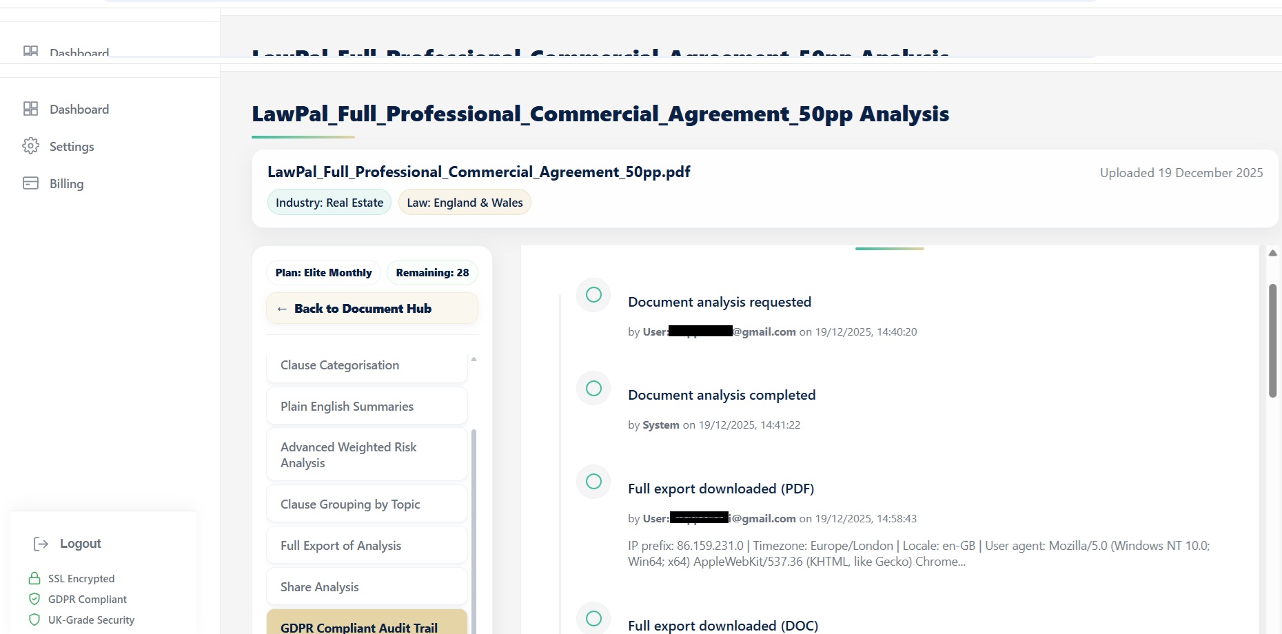LawPal secure dashboard showing real-time audit trails, user activity logs, and encrypted contract analysis history.